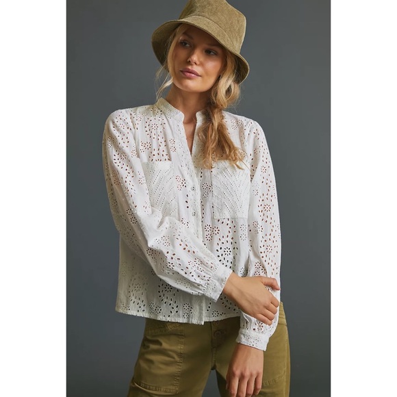 Anthropologie Tops - Anthropologie Forever That Girl Jess Floral Embroidered Eyelet Buttondown Shirt